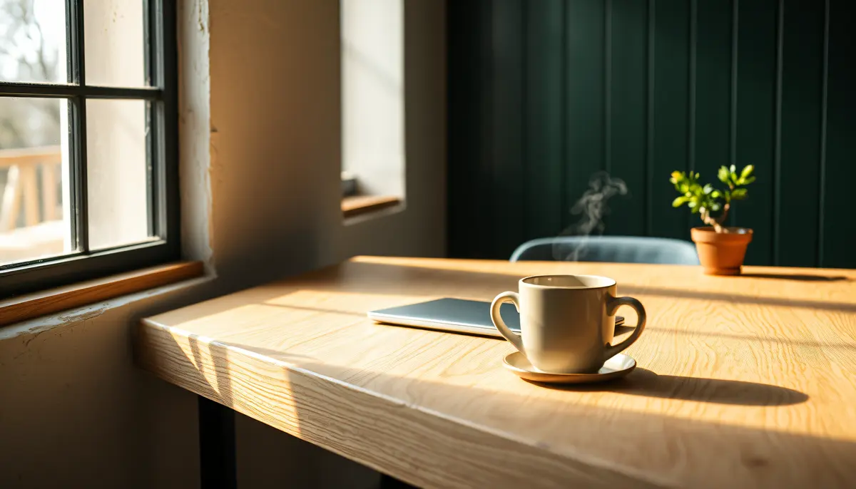 Morning light on a studio desk with a coffee and a closed laptop